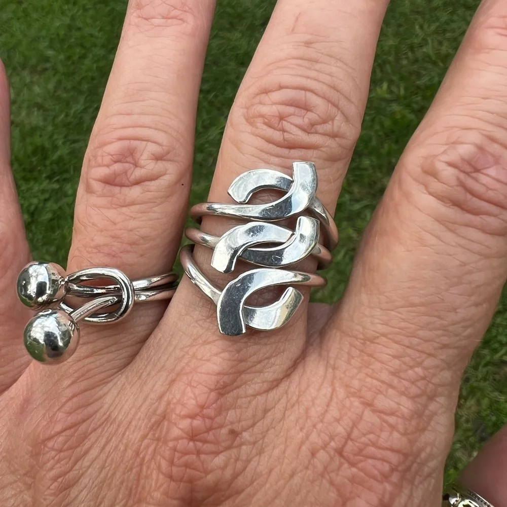 Sterling Silver MEXICO Freeform Weave Tapered Three Layered Band Ring - Picture 4 of 17